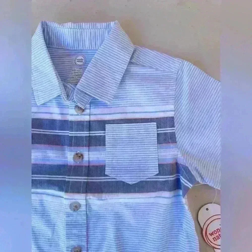 Wonder  Nation baby Boys Blue Button Down Short Sleeve Shirt size 3t and 2T - Picture 3 of 7